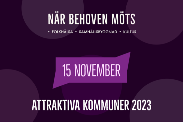 Grafik med texten: När behoven möts. Folkhälsa. Samhällsbyggnad. Kultur. 15 november. Attraktiva kommuner 2023."