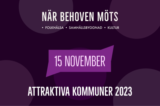 Grafik med texten: När behoven möts. Folkhälsa. Samhällsbyggnad. Kultur. 15 november. Attraktiva kommuner 2023."