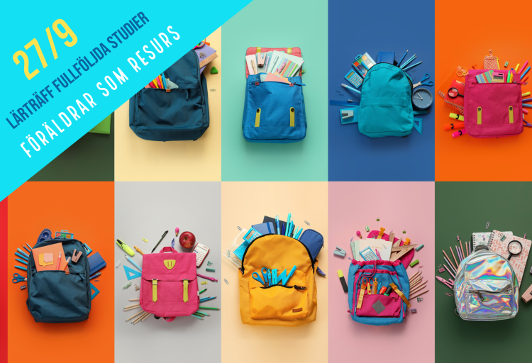Flera olika ryggsäckar på rad med olika färgglada bakgrunder för varje ryggsäck.