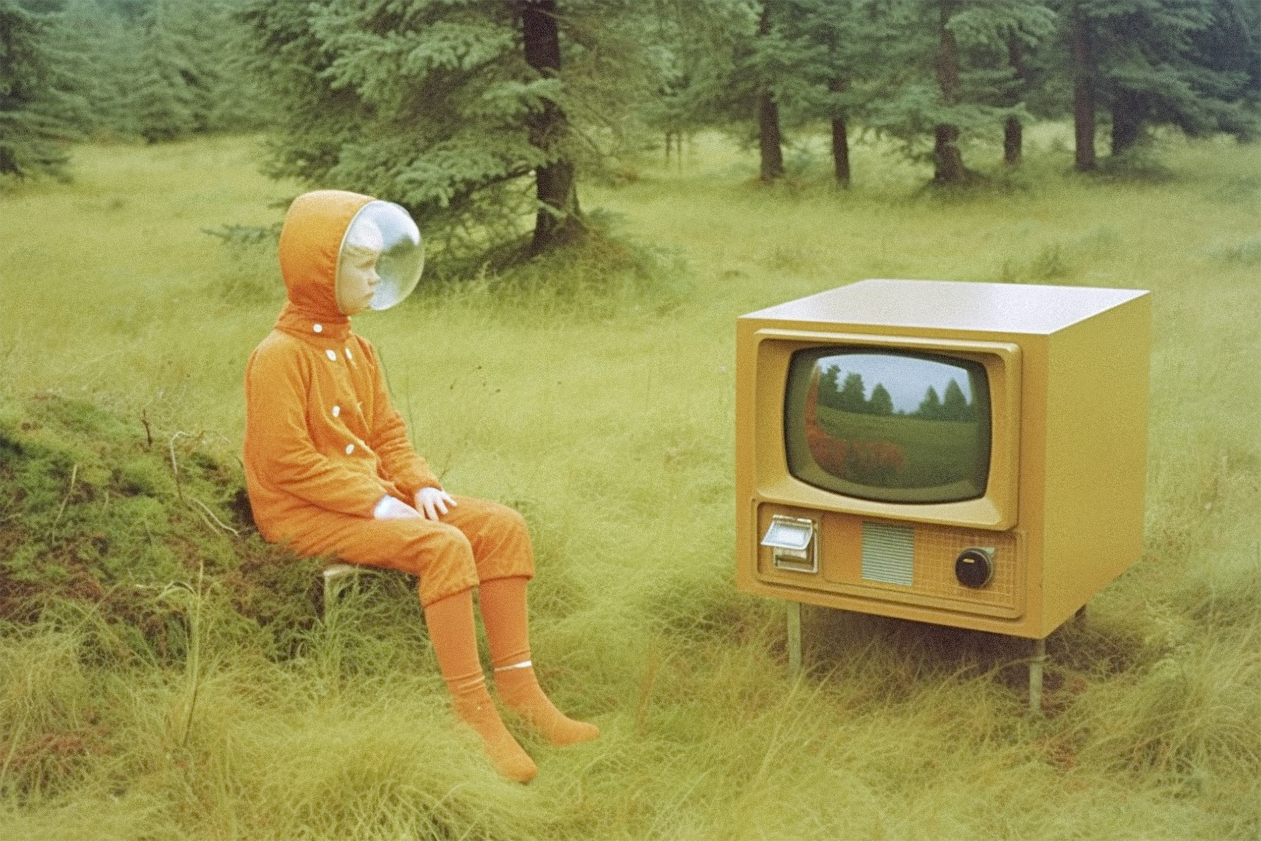 Pojke i en orange rymddräkt sitter ute i naturen och tittar på en äldre tv-apparat.
