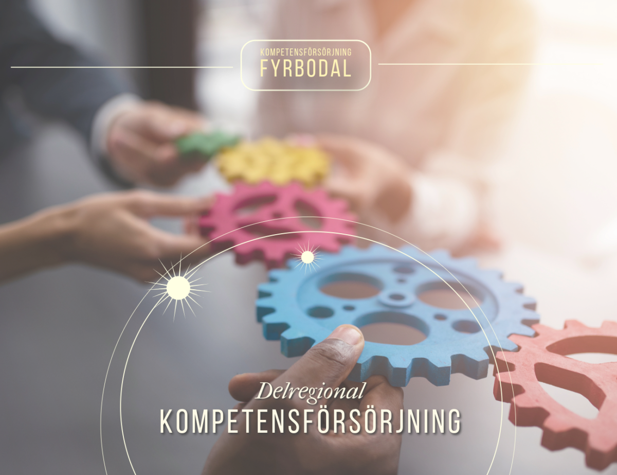 Händer håller kugghjul i olika färger. Texten är Delregional kompetensförsörjning.