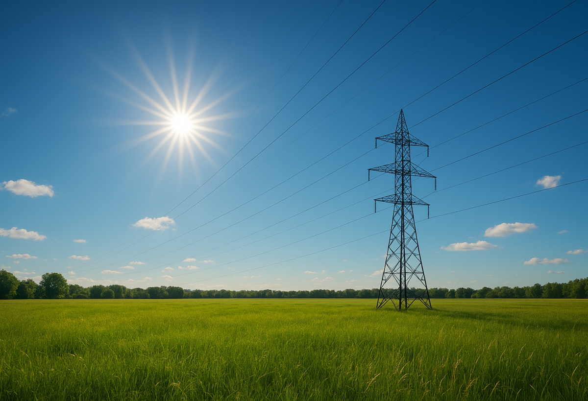 Sol och himmel ovanför en åker där en kraftledning går.