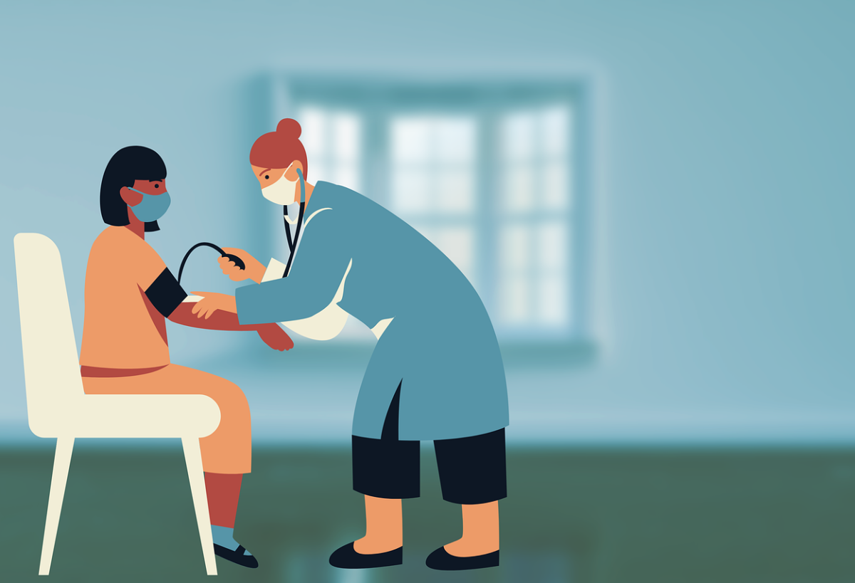 Illustration på en kvinna som tar blodtryck på en annan mörkhyad kvinna.