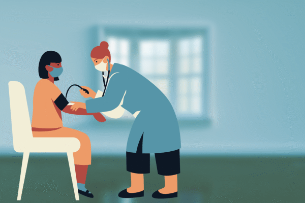 Illustration på en kvinna som tar blodtryck på en annan mörkhyad kvinna.