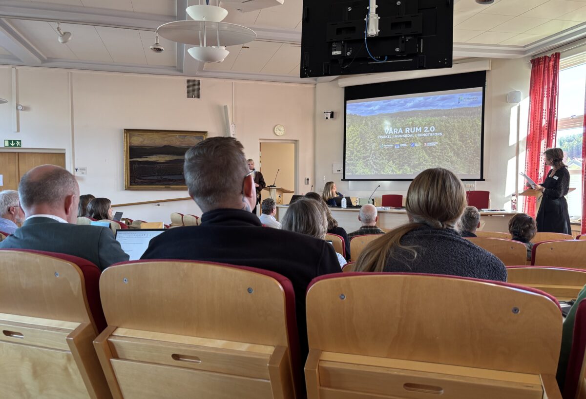 Flera personer sitter och tittar på en stor skärm i en konferenslokal. På skärmen en bild där det står Våra rum 2.0.