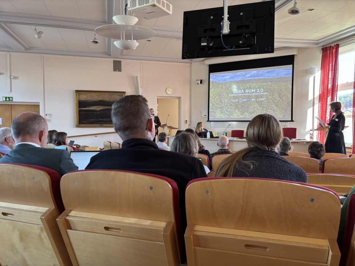 Flera personer sitter och tittar på en stor skärm i en konferenslokal. På skärmen en bild där det står Våra rum 2.0.