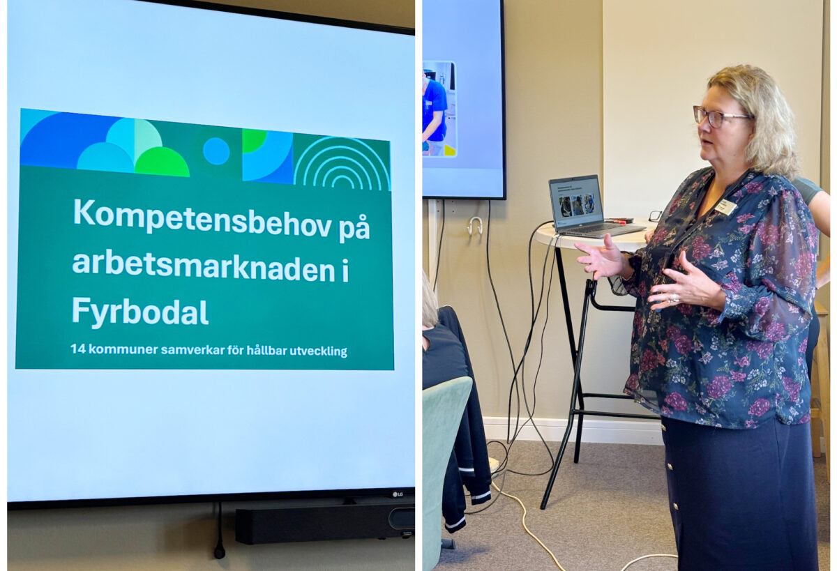 En kvinna håller föredrag i bilden till höger. Bilden till vänster är på en bildskärm som visar en slide där det står "Kompetensbehov på arbetsmarknaden i Fyrbodal".