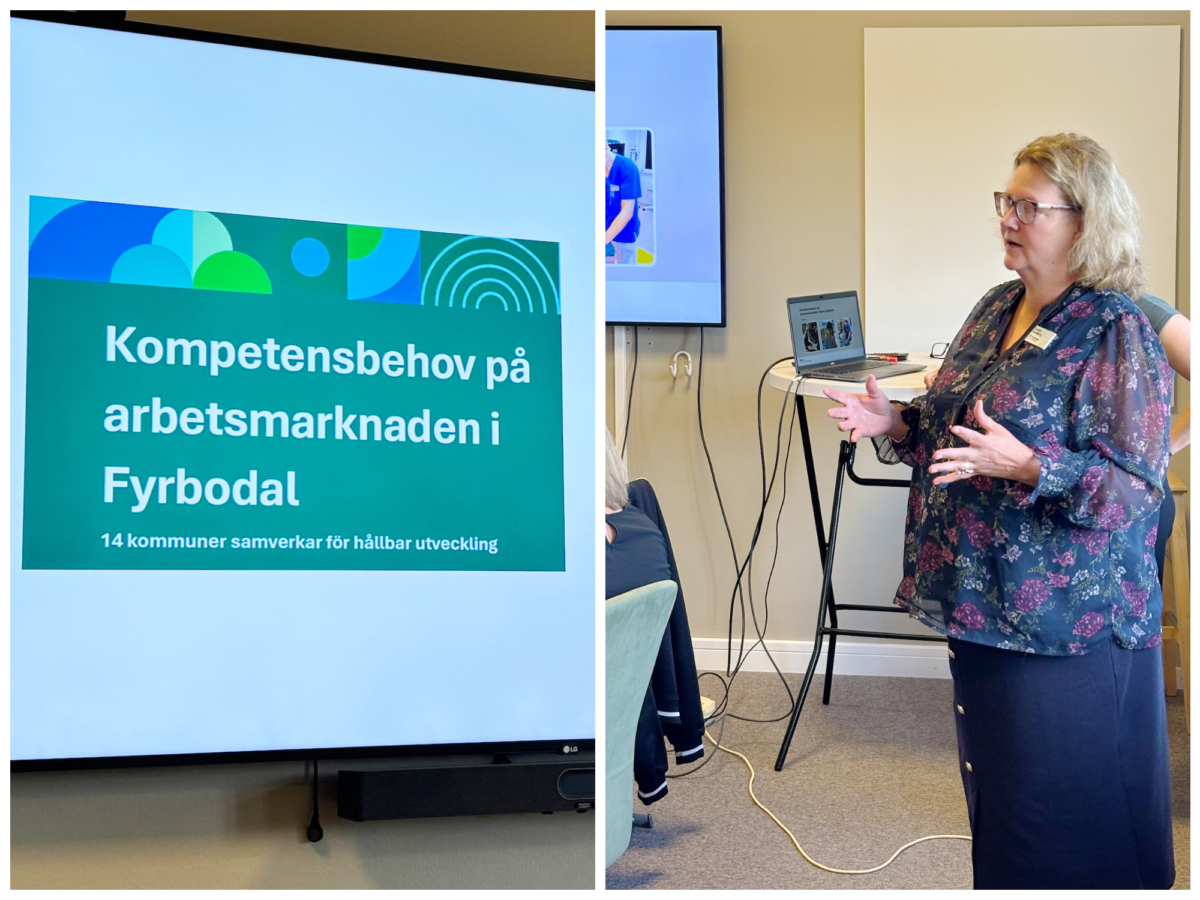En kvinna håller föredrag i bilden till höger. Bilden till vänster är på en bildskärm som visar en slide där det står "Kompetensbehov på arbetsmarknaden i Fyrbodal".