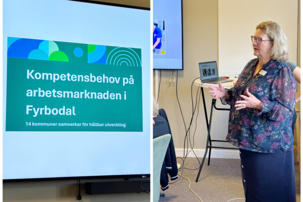 En kvinna håller föredrag i bilden till höger. Bilden till vänster är på en bildskärm som visar en slide där det står "Kompetensbehov på arbetsmarknaden i Fyrbodal".