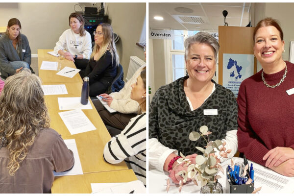 Tvådelad bild. Till vänster en bild där flera kvinnor sitter runt ett bord. Till höger två kvinnor tittar leende mot kameran.