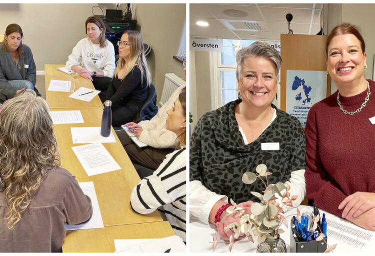 Tvådelad bild. Till vänster en bild där flera kvinnor sitter runt ett bord. Till höger två kvinnor tittar leende mot kameran.