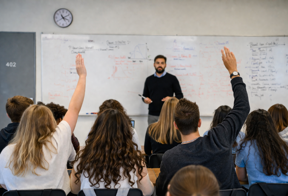 Flera ungdomar sitter i ett klassrum med ryggarna mot kameran. En lärare undervisar i förgrunden vid en whiteboard. Två av eleverna räcker upp handen.