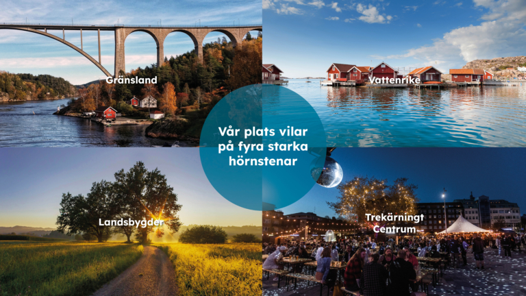 En fyrbildsram med en bro, hav och sjöbodar samt grusväg, träd och stadsmiljö med lampor på kvällen