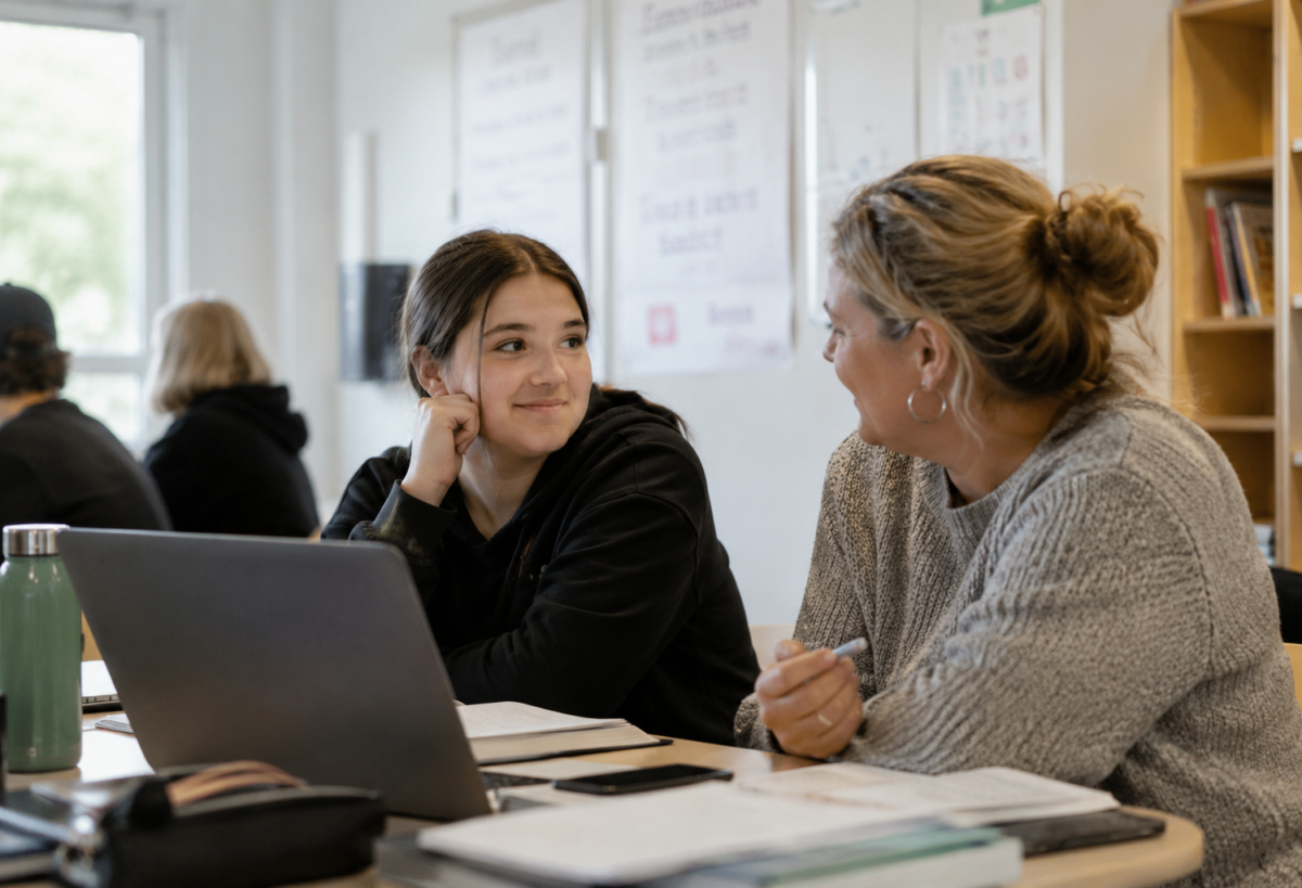 Ungdom och vuxen studerar vid dator