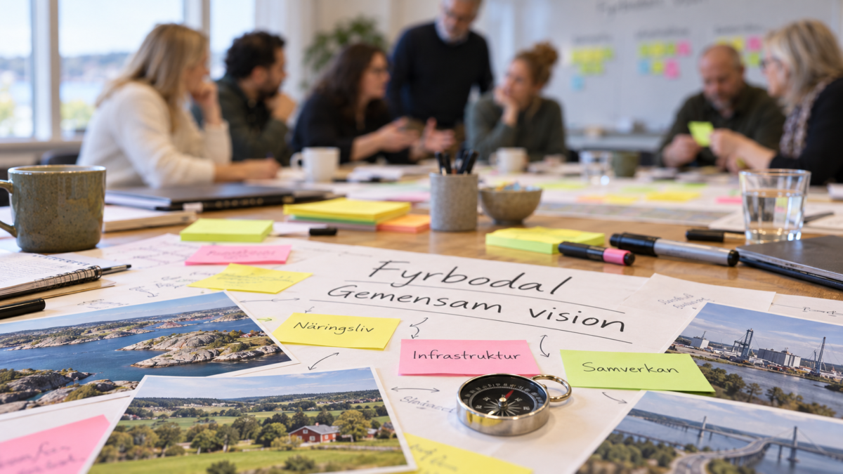 AI-genererad bild med rosa och gula post-it-lappar i förgrunden med ord som Näringsliv, infrastruktur och samverkan samt lite fotografier föreställande miljöer i Fyrbodalsregionen. I bakgrunden flera personer som diskuterar.